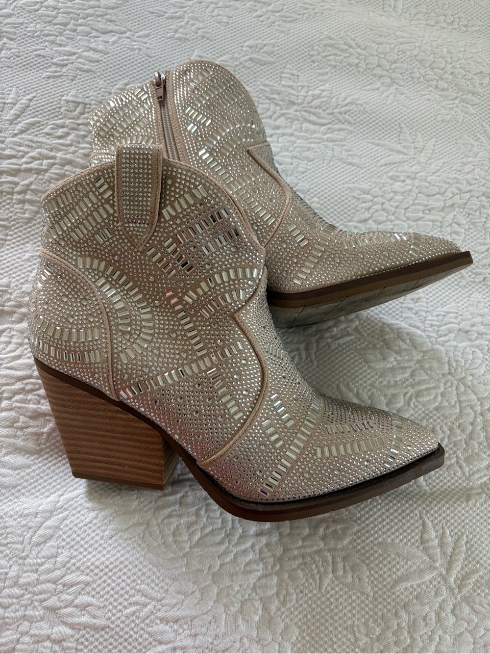 Cream Rhinestone Western Ankle Boots (size 11)